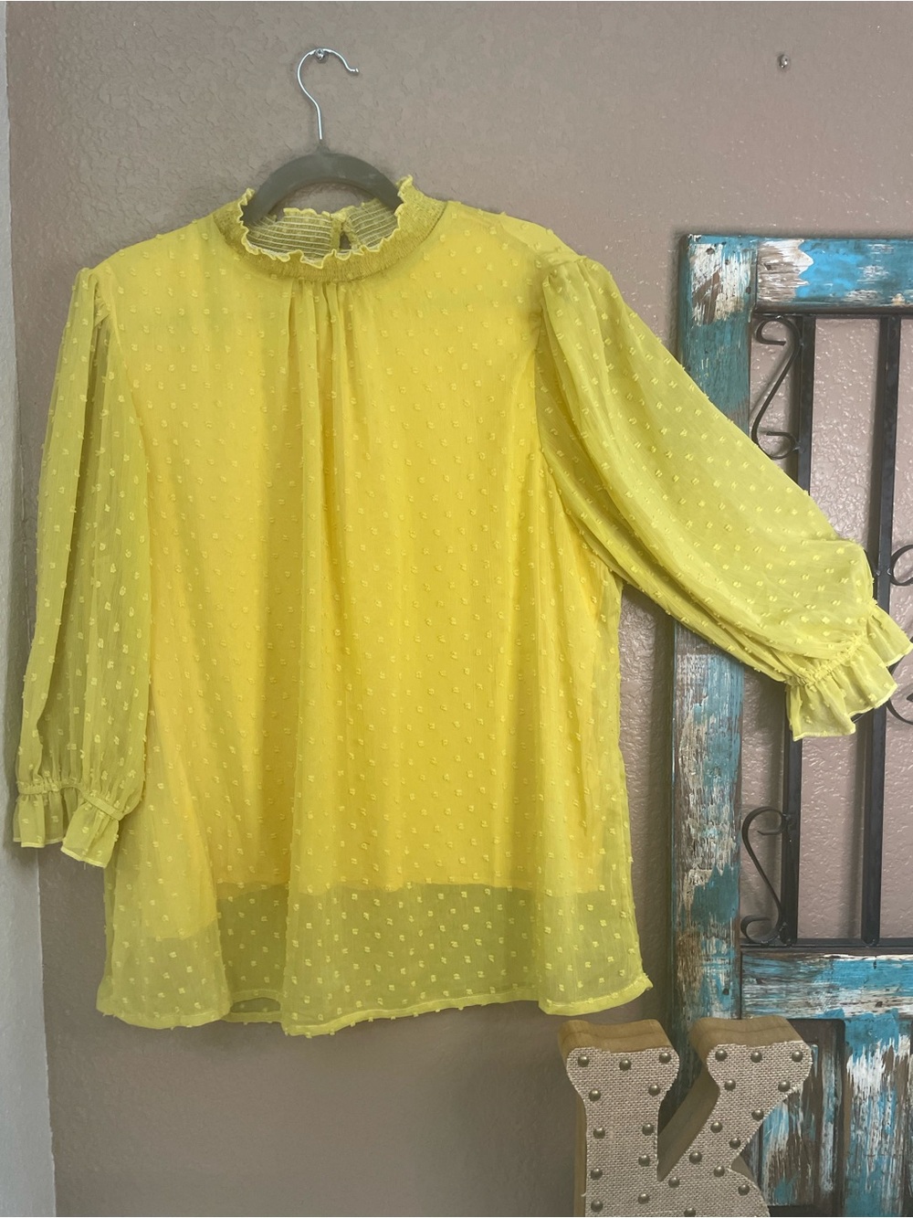 First Love Sheer Swiss Dot Yellow Ruffle Neck Blouse